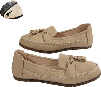 Generic Womens Fashion Soft-Soled Loafers with Bowknot Comfortable Lightweight Anti-Slip Leather Flat Loafers for Business, Casual, Work (Khaki,4.5)