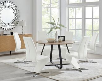 Furniturebox Santorini Brown Wood Effect Dining Table & 6 Willow Chairs in Off-White