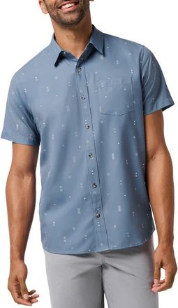 Travis Mathew Techwoven Waves Geo Print Short Sleeve Performance Button-Up Shirt in Blue Horizon at Nordstrom, Size Xx-Large