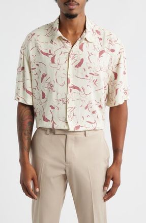 Open Edit Floral Short Sleeve Button-Up Shirt in Ivory- Pink Tossed Petal at Nordstrom, Size Xx-Large R
