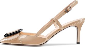 Castamere Women Stiletto Mid Heel Pointed Toe Slip-on Pumps Court Shoe Slingback Bow-Knot Dress Wedding Party Sandals 6.5 CM Heels Beige Patent 6 UK