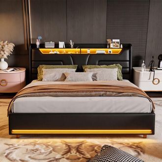 OEM Cama 140x190 Cm Con Almacenamiento, Cama Ba&uacute;l Con Led, Cama Capiton&eacute; Con Somier De Lamas, Cama De 2 Plazas, Cama Para Adultos, Pu Negro