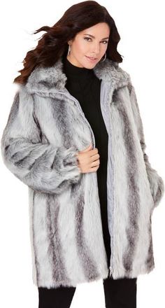 Roaman's Plus Size Mid Length Hooded Faux Fur Coat in Chinchilla at Nordstrom, Size Medium