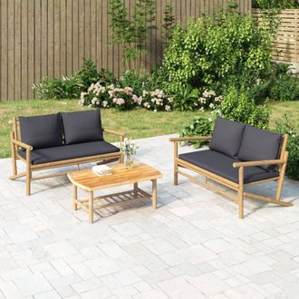 vidaXL Vidaxl - Set De Muebles De Jard&iacute;n 3 Piezas Bamb&uacute; Con Cojines Gris Oscuro