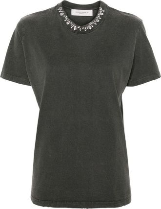 Golden Goose Distressed Grey Cotton T-Shirt With Crystal Embellishments