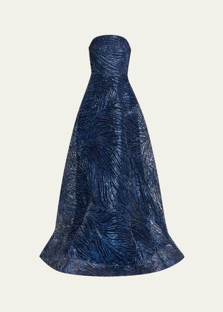 Naeem Khan Strapless Metallic Raffia Embroidered Gown