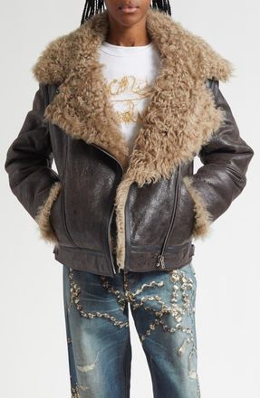 Acne Studios Luxy Genuine Shearling Lined Leather Aviator Jacket in Dark Grey at Nordstrom, Size 2 Us