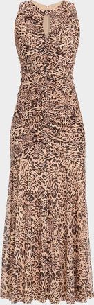 Hutch Julia Ruched Animal-Print Mesh Maxi Dress
