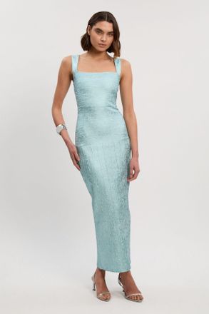 Karen Millen Womens Foil Metallic Figure Form Strappy Knit Maxi Dress - Pale Blue - Size Small
