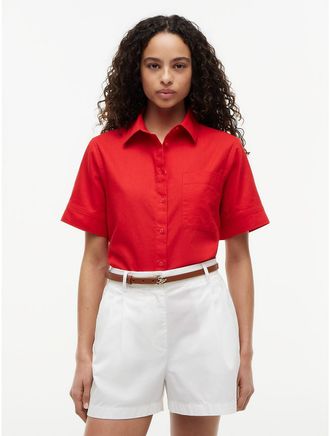 Tommy Hilfiger Womens Short-Sleeve Linen-Blend Shirt - Red - XXL