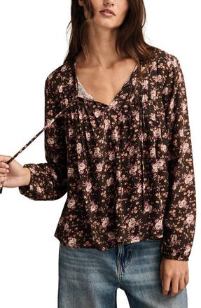 Lucky Brand Pintuck Floral Peasant Top in Black Multi at Nordstrom, Size X-Small