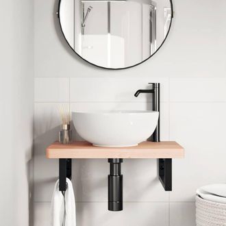 Berkfield Home Elegant Basin Shelf Wall Mounted Steel & Solid Wood Beech in Natural