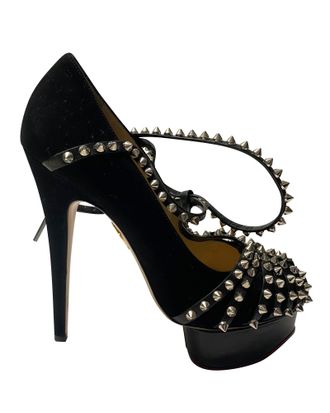 Charlotte Olympia Womens Angry Portia Studded Platform Pumps in Black Suede - Size EU 38