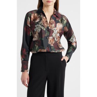 Halogen Floral Button-Up Shirt in Rich Black at Nordstrom Rack, Size X-Small P