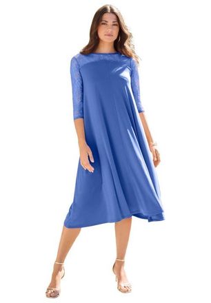 Roaman's Plus Size 3/4 Sleeve Allover Lace Swing Dress in True Blue at Nordstrom, Size 20