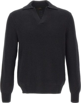 Gran Sasso Polo met open kraag en lange mouwen - Heren - V-hals truien - Zwart - L - Wol - Truien & Vesten