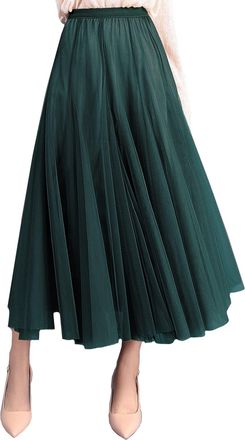 Feoya Women Long Chiffon Skirts Plain Elasticated High Waist Skirt Dress Dark Green