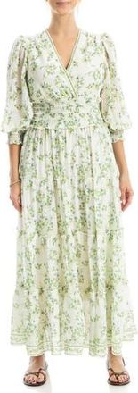 Max Studio Surplice Neck Smocked Waist Maxi Dress in Cream/Green Whirling Foliages at Nordstrom Rack, Size Medium