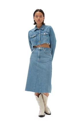 Ganni Heavy Denim Midi Skirt in Light Blue Stone Size 10 Organic Cotton Womens