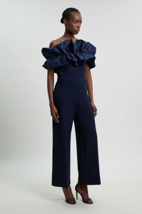 Karen Millen Womens Tafetta Ruffle Bardot Jumpsuit - Navy - Size 10 UK