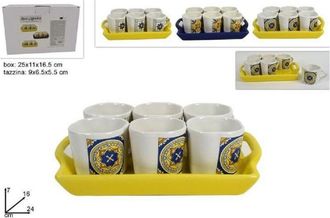 Trade Shop Trade Shop - Set 6 Pezzi Tazzine Tazze Servizio T&egrave; Caff&egrave; Con Vassoio Con Decoro Maiolica