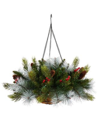 Nearly Natural 24In. Pre-Lit Artificial Pine & Berry Christmas Hanging Basket