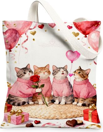 Generic Cute Cats Peach Canvas Tote Bags, Adorable Feline Design Reusable Grocery Bags, ValentineS Day Lightweight Washable Should, Peach, 13x15 Inch