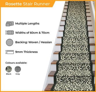 Runrug Stair Runner Carpet for Staircases - Soft & Comfy, 9mm - Rosette in Black | Size: 70 cm x 540 cm