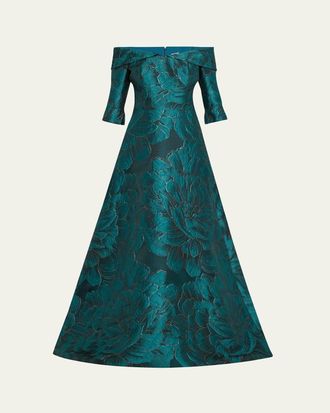 Teri Jon Off-Shoulder Floral Jacquard Gown