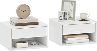HOMCOM Homcom Juego De 2 Mesitas De Noche Flotantes, Mesillas De Noche Con Caj&oacute;n Y Estante Abierto, Dise&ntilde;o Moderno, 37x32x21 Cm, Blanco Brillante