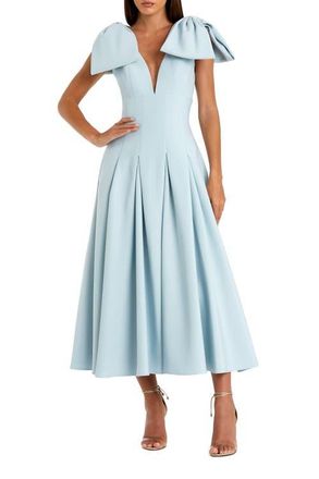 Mac Duggal Crepe A Line Midi Dress With Bow Straps in Ice Blue at Nordstrom, Size 12