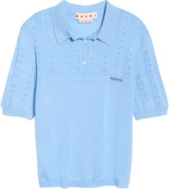 Marni Short Sleeve Openwork Knit Virgin Wool & Silk Polo Sweater in 00B39 Powder Blue at Nordstrom, Size 38