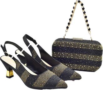 Generic Womens Shoes and Bags Set Sparkly Rhinestone Stripe Decoration Pointed Toe Heeled Shoes Chain Strap Shoulder Bag Black