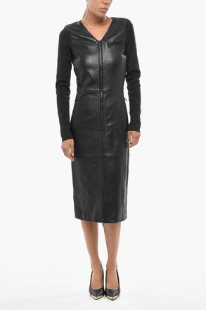 Diesel Leather and Ribbed Fabric Midi Dress L-OLA with Front Zip Diesel