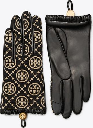 Tory Burch Womens T Monogram Chenille Gloves in Black/White, size 6.5