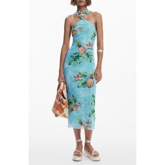 Desigual Tropical Print Knot Detail Midi Cover-Up Dress in Light Turquoise at Nordstrom Rack, Size X-Small