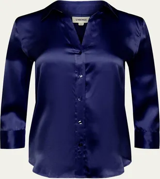 L'agence Dani Silk Satin 3/4-Sleeve Button-Down Blouse