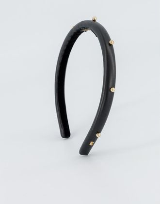 Alexandre de Paris Belle de Jour Leather and Gold Studs Headband in Black at Nordstrom