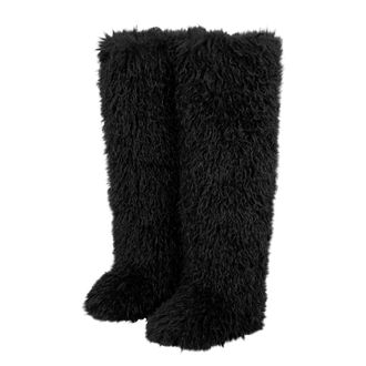 Generic Size 5.5 Women Furry Faux Fur Snow Boots Fluffy Fuzzy Comfy Knee High Boot Winter Cozy Lined Round Toe Flat Long Tall Shoes Rubber Sole Outdoor Indoor