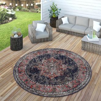 Paco Home Paco Home Alfombra Interior Exterior, Balc&oacute;n Y Terraza, Estampado Oriental, Roja Y Azul &Oslash; 200 Cm Redondo