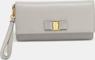 Ferragamo Grey Leather Camy Wristlet Clutch