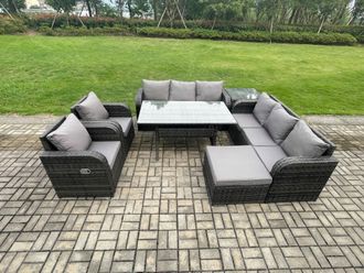 Fimous 7 Piece Rattan Garden Furniture Set with Patio Sofa Rectangular Dining Table Big Footstool Side Table Indoor Conservatory Patio Set
