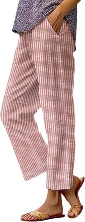 Generic Womens Side Stripe Linen Straight Leg Pants, Elastic Waist, Summer Casual Beach Vacation Clothes, Women Linen Pants (Red,L)