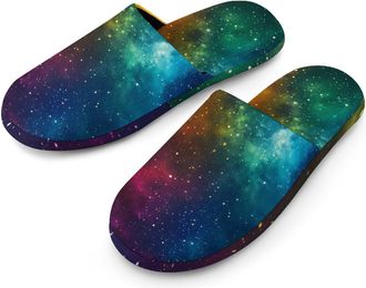 Generic Rainbow Glitter Galaxy Warm Mens Slippers Slip On Soft Fleece House Shoes Winter Indoor Outdoor