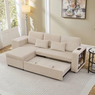 Merax L Shaped Corduroy Convertible Sofa Bed with Storage, Charging Station in Beige