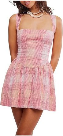 Free People Laurel Plaid Mini Dress Womens Dress Pink Combo : LG (Womens 12-14), Cotton