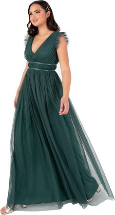 Anaya with Love Womens Maxi Dress Ladies Cap Sleeve V-Neck Satin Detail Tulle A-line Bridesmaid Wedding Guest Occasion Prom Ball Gown, Emerald Green 12