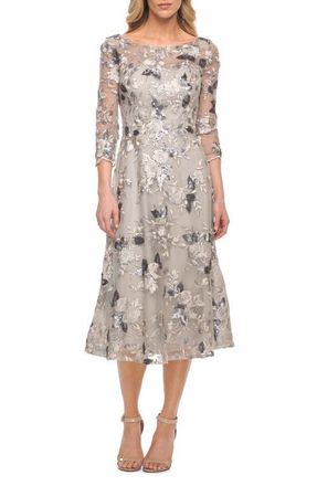 La Femme Embroidered Lace Fit & Flare Dress in Silver at Nordstrom, Size 16