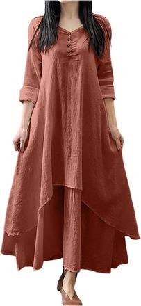 Generic Dresses for Women UK Linen Formal Kaftan Dresses Womens Long Sleeve Midi Flowy Sundresses Ladies Relaxed-Fit Plain Round-Neck Swimwear Retro Womens Bo