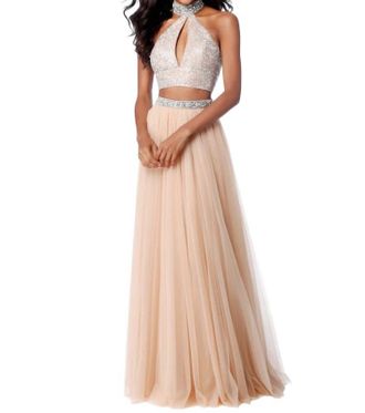 Sherri Hill Two-Piece Beaded Keyhole Prom Dress In Nude